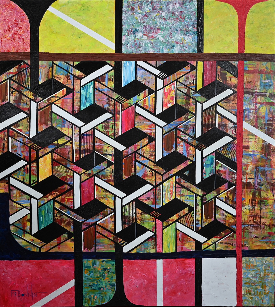 Plataformas, 2023, acrylic on canvas by Fernando Bonnin, 52 x 57 inches.