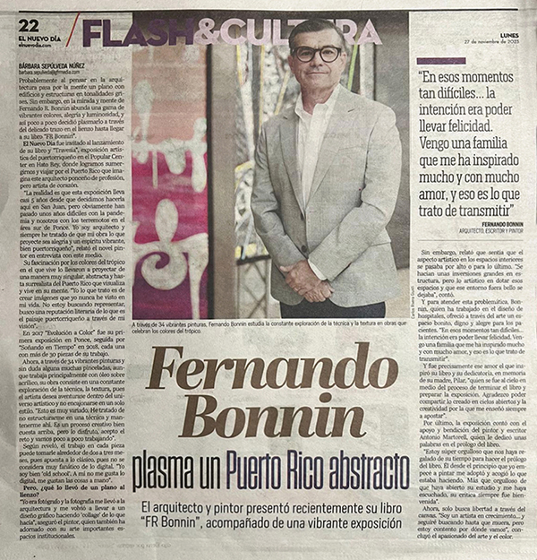 Newspaper clipping from El Nuevo D&iacute;a, Flash Cultura section, featuring Fernando Bonnin&rsquo;s Expo Traves&iacute;a exhibition at San Juan Popular Center.