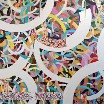 A painting titled Intertwine by Puerto Rican artist Fernando Bonnin. The artwork measures 53 inches by 67 inches and is created with acrylic on canvas.