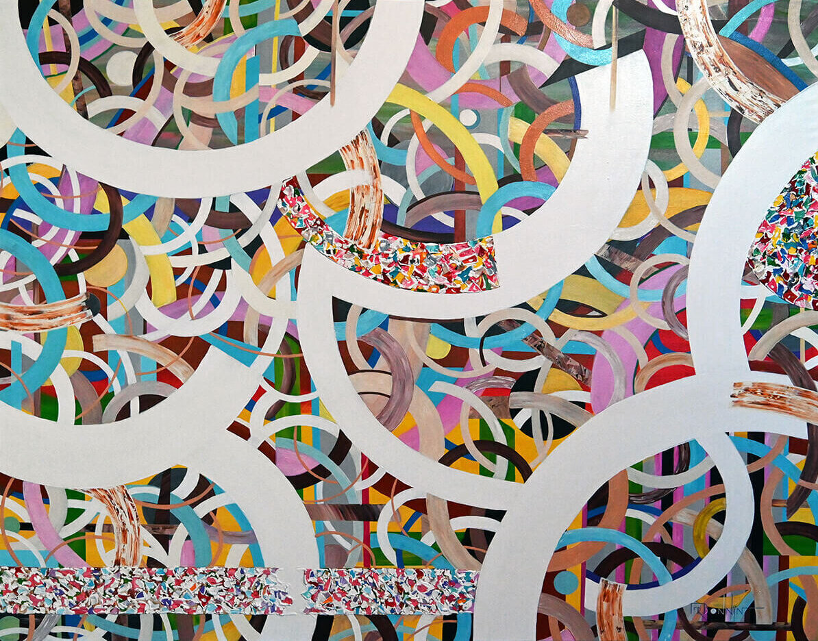 A painting titled Intertwine by Puerto Rican artist Fernando Bonnin. The artwork measures 53 inches by 67 inches and is created with acrylic on canvas.