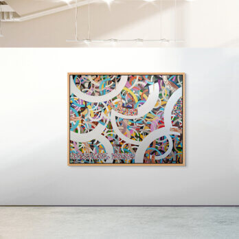 A painting titled Intertwine by Puerto Rican artist Fernando Bonnin. The artwork measures 53 inches by 67 inches and is created with acrylic on canvas.